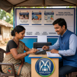 A friendly bank correspondent assisting a rural customer at a Grahak Seva Kendra for banking services