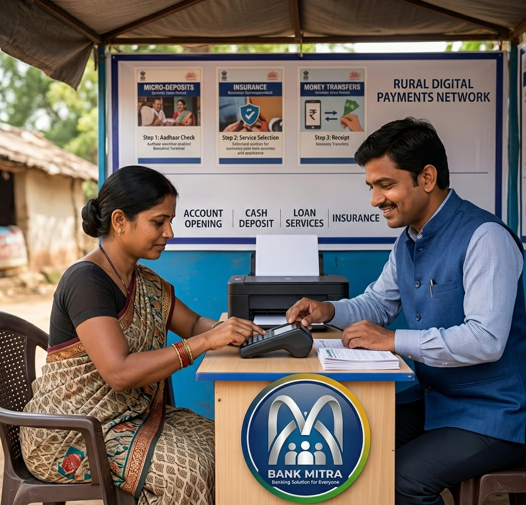 A friendly bank correspondent assisting a rural customer at a Grahak Seva Kendra for banking services