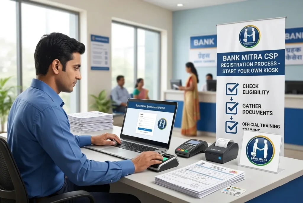 Indian bank agent processing a customer fingerprint at a digital Grahak Seva Kendra.