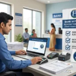 Indian bank agent processing a customer fingerprint at a digital Grahak Seva Kendra.