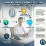 Complete visual guide on how to start a Bank CSP or Grahak Seva Kendra, showing the process flowchart from application to setup by Bank Mitra.