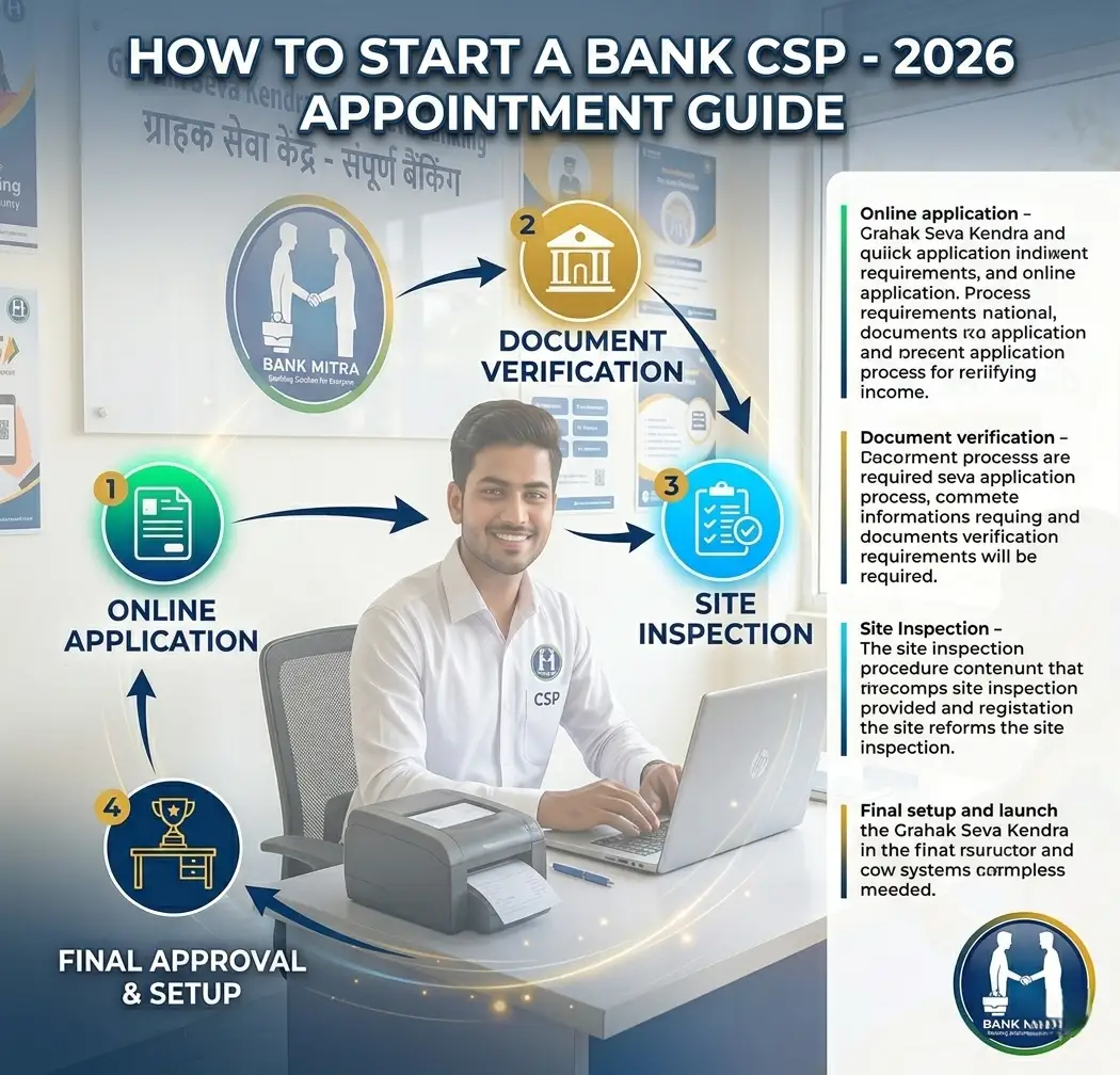 Complete visual guide on how to start a Bank CSP or Grahak Seva Kendra, showing the process flowchart from application to setup by Bank Mitra.
