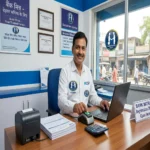 SBI CSP Registration 2026 process showing a banking correspondent operating a kiosk at a Grahak Seva Kendra.