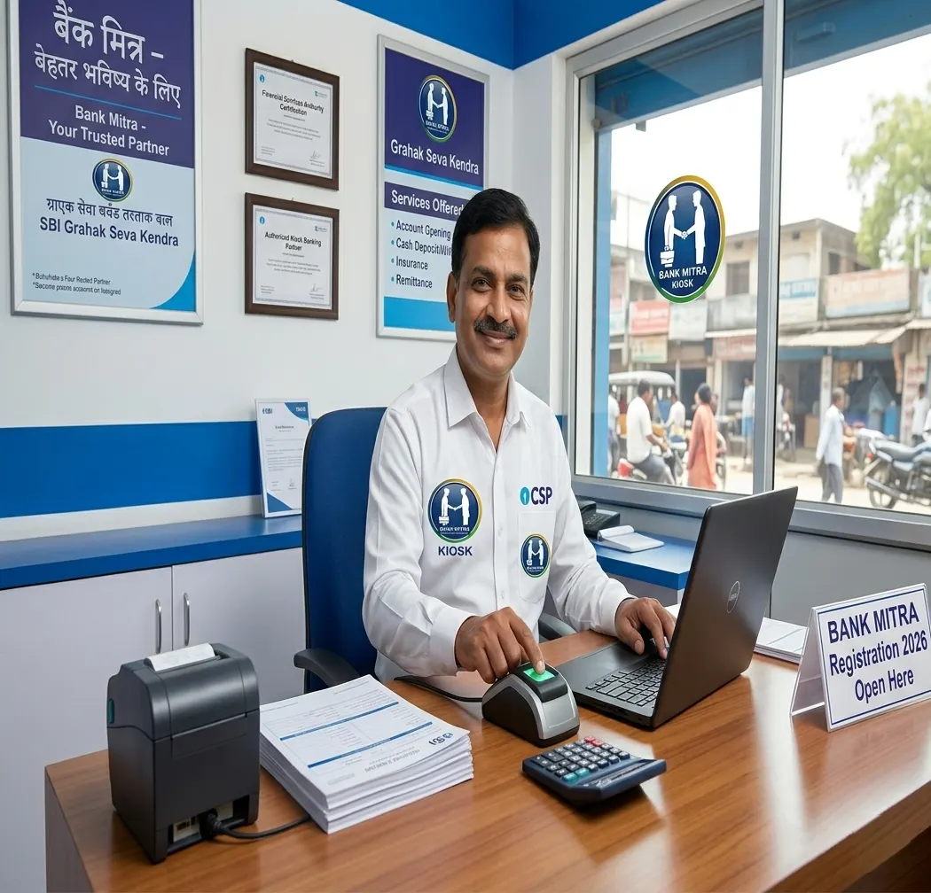 SBI CSP Registration 2026 process showing a banking correspondent operating a kiosk at a Grahak Seva Kendra.